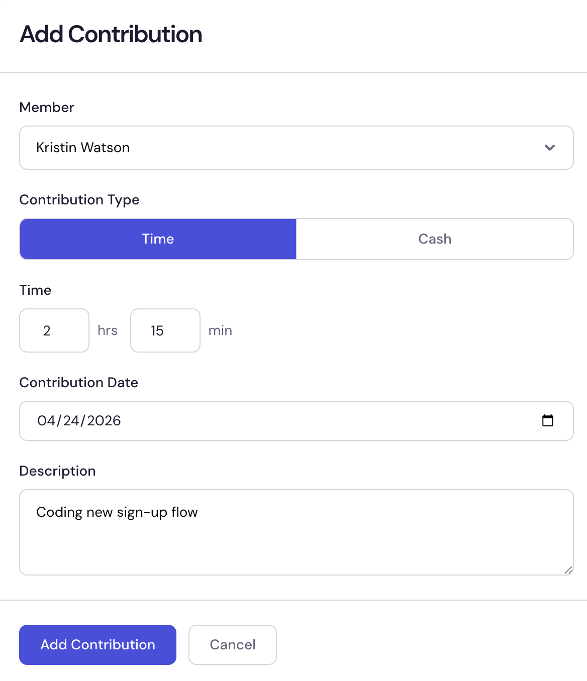 Equity Matrix Add Contribution form showing time tracking with member selection and description