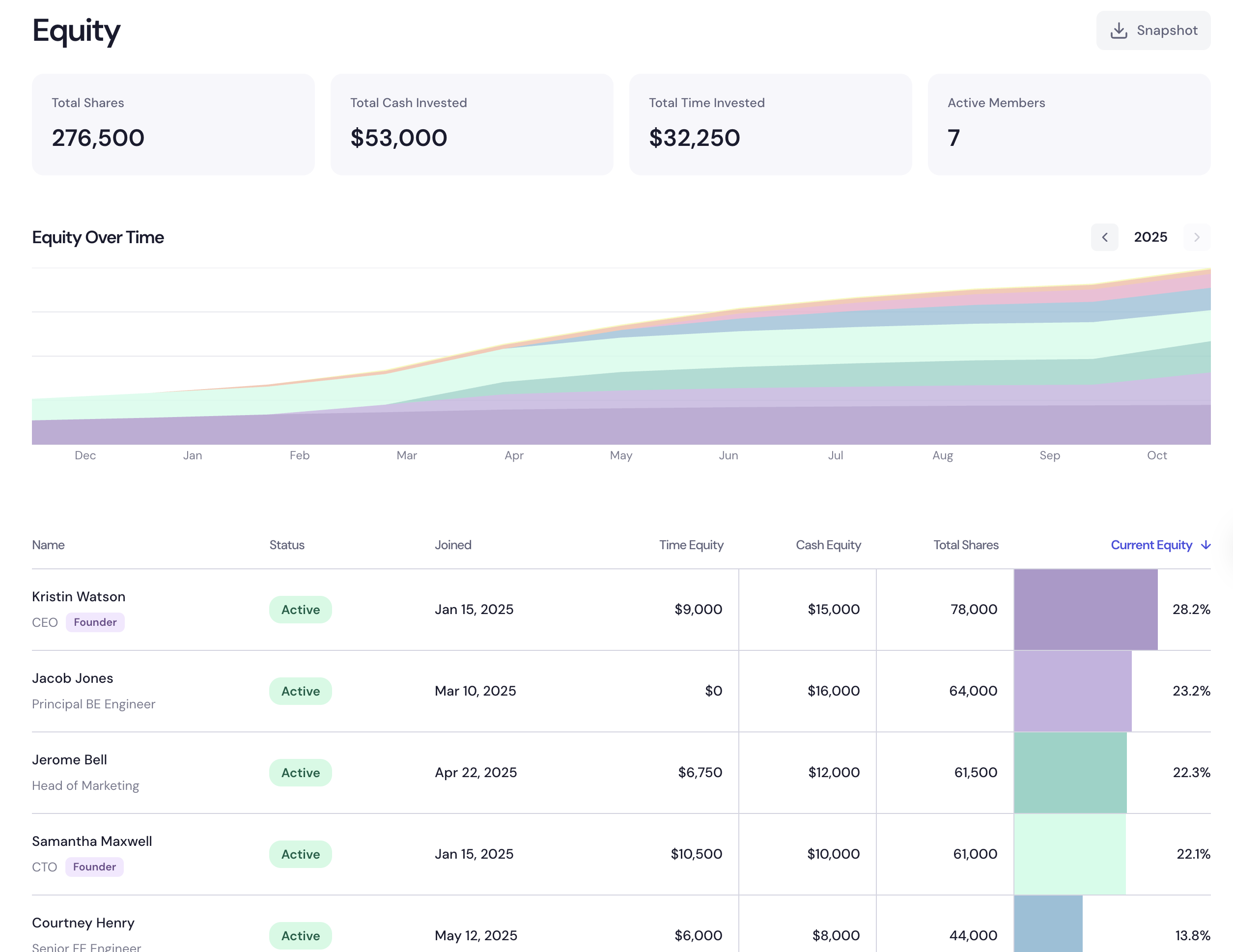 Equity Matrix dashboard showing equity over time, total shares, and member contributions