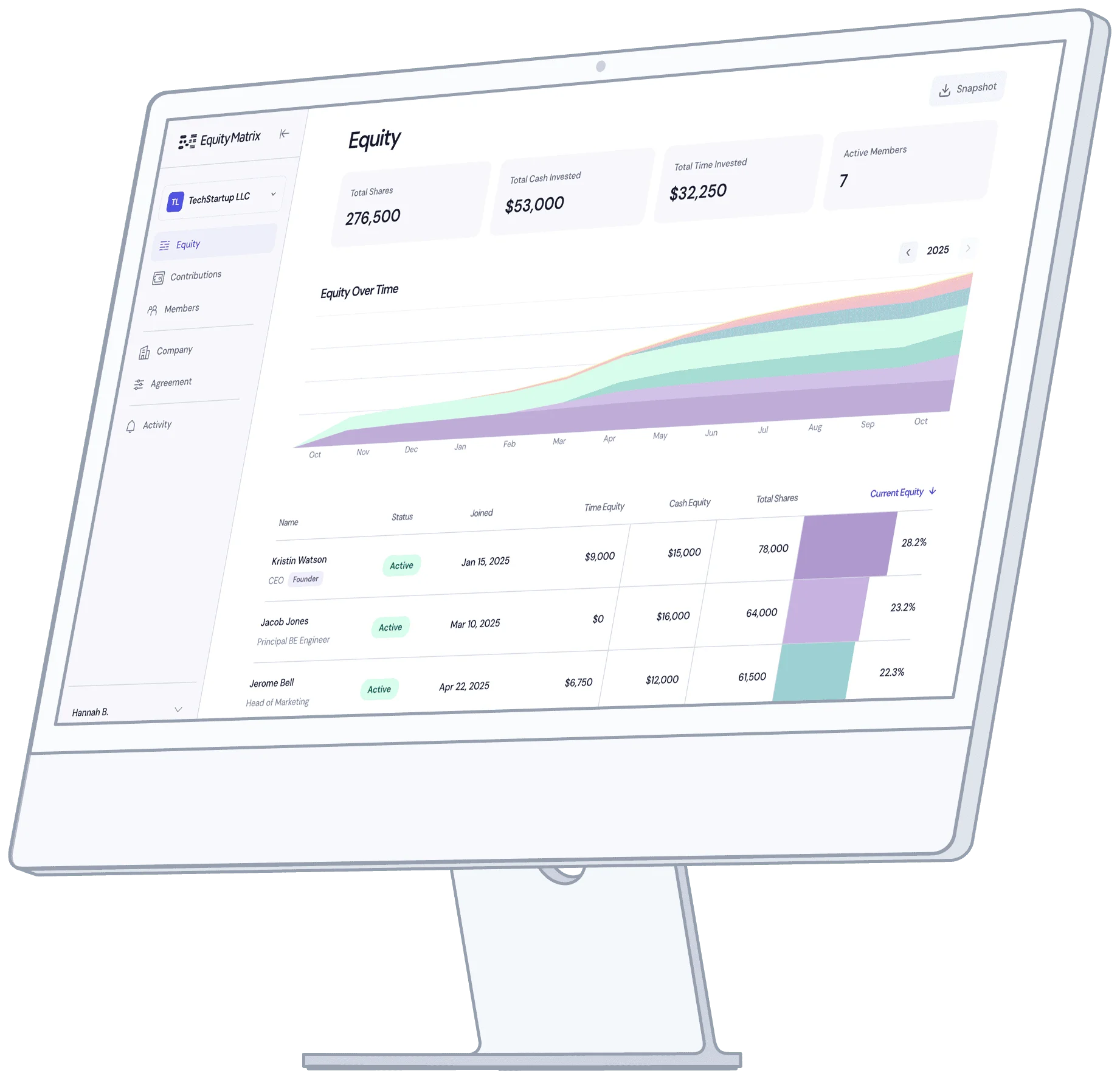 Equity Matrix app showing dynamic equity tracking dashboard