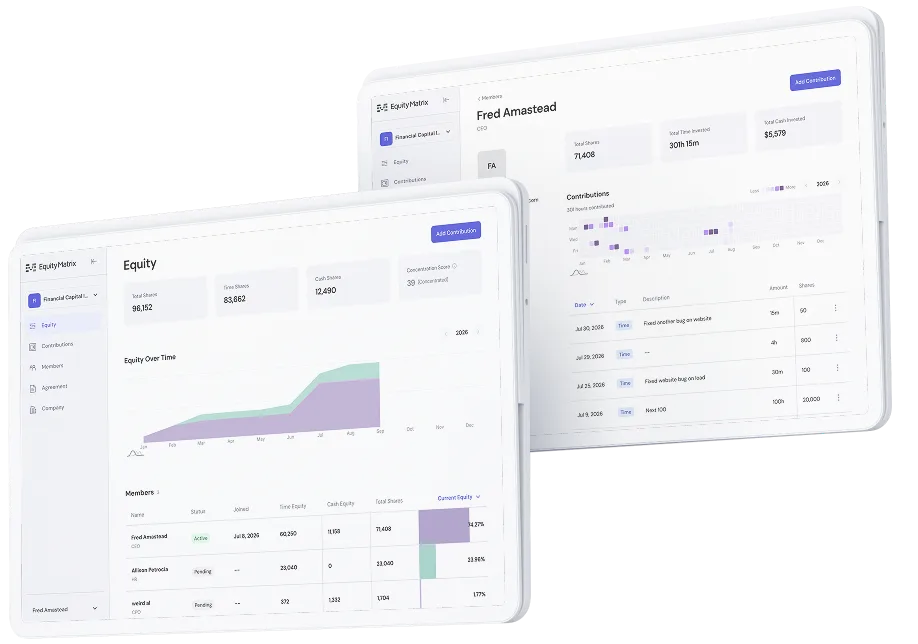 Equity Matrix app on two tablets showing the equity dashboard and a member's contributions